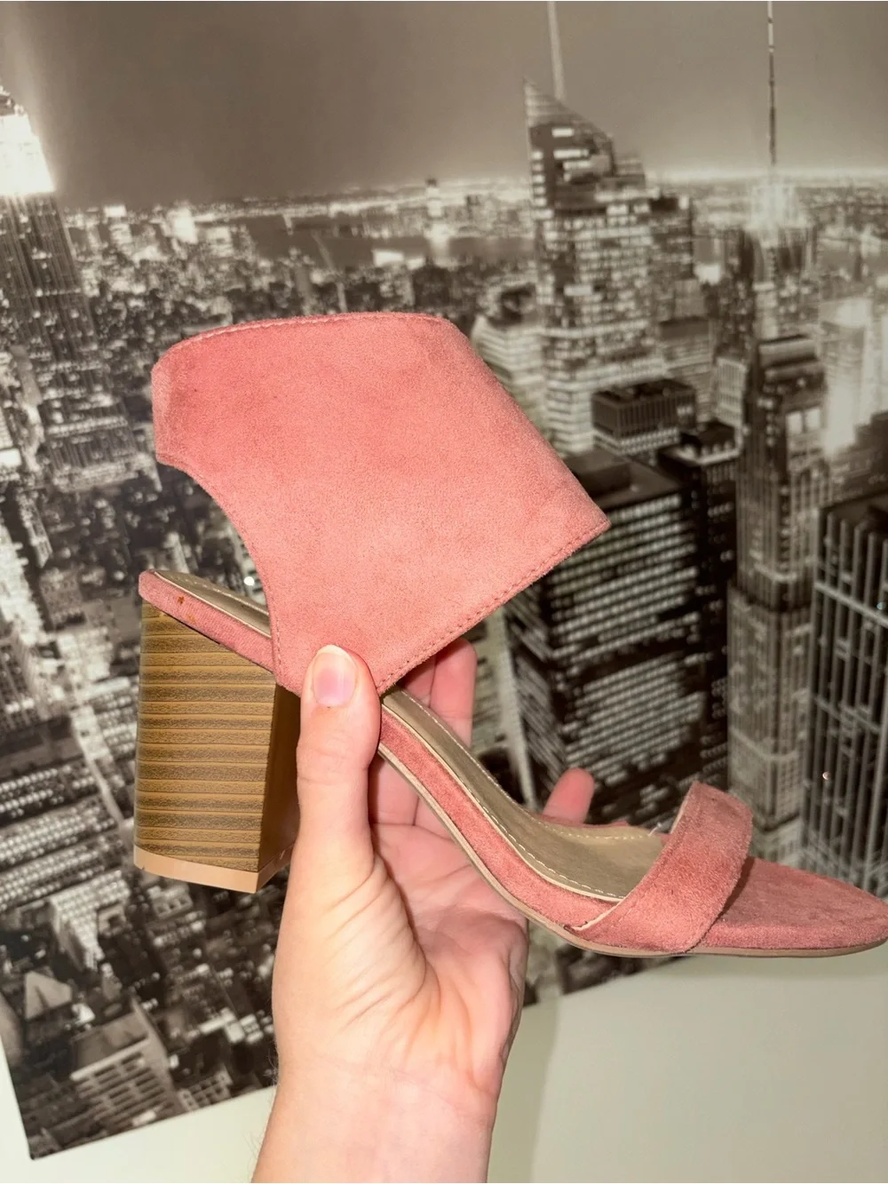Suede Pink Block Heel Sandals with Ankle Strap